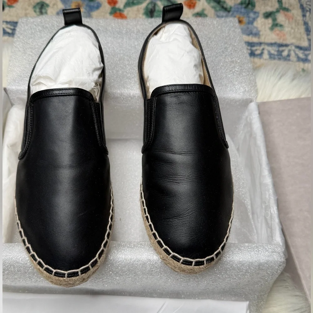 New in box Jimmy Choo Lichi Black Napa Leather Espadrilles Embossed Logo